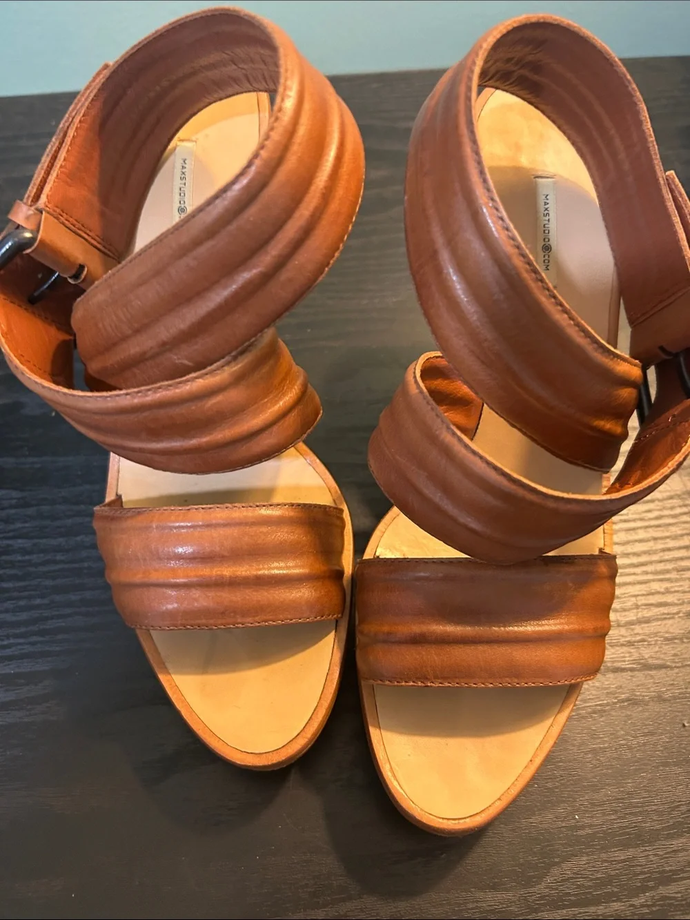 Max Studio Tan Leather Ruched Wedge Sandals with Buckle Detail